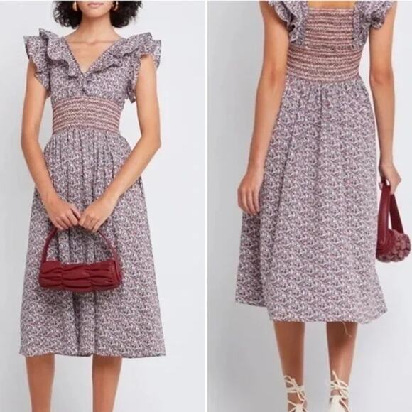 Anthropologie OPT Scilla Midi Dress Floral Ruffle V-Neck Smocked, Purple/ Red - Picture 11 of 11